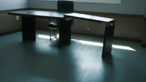 Sala de interrogatorio vacía con mesa y silla, derechos del detenido
